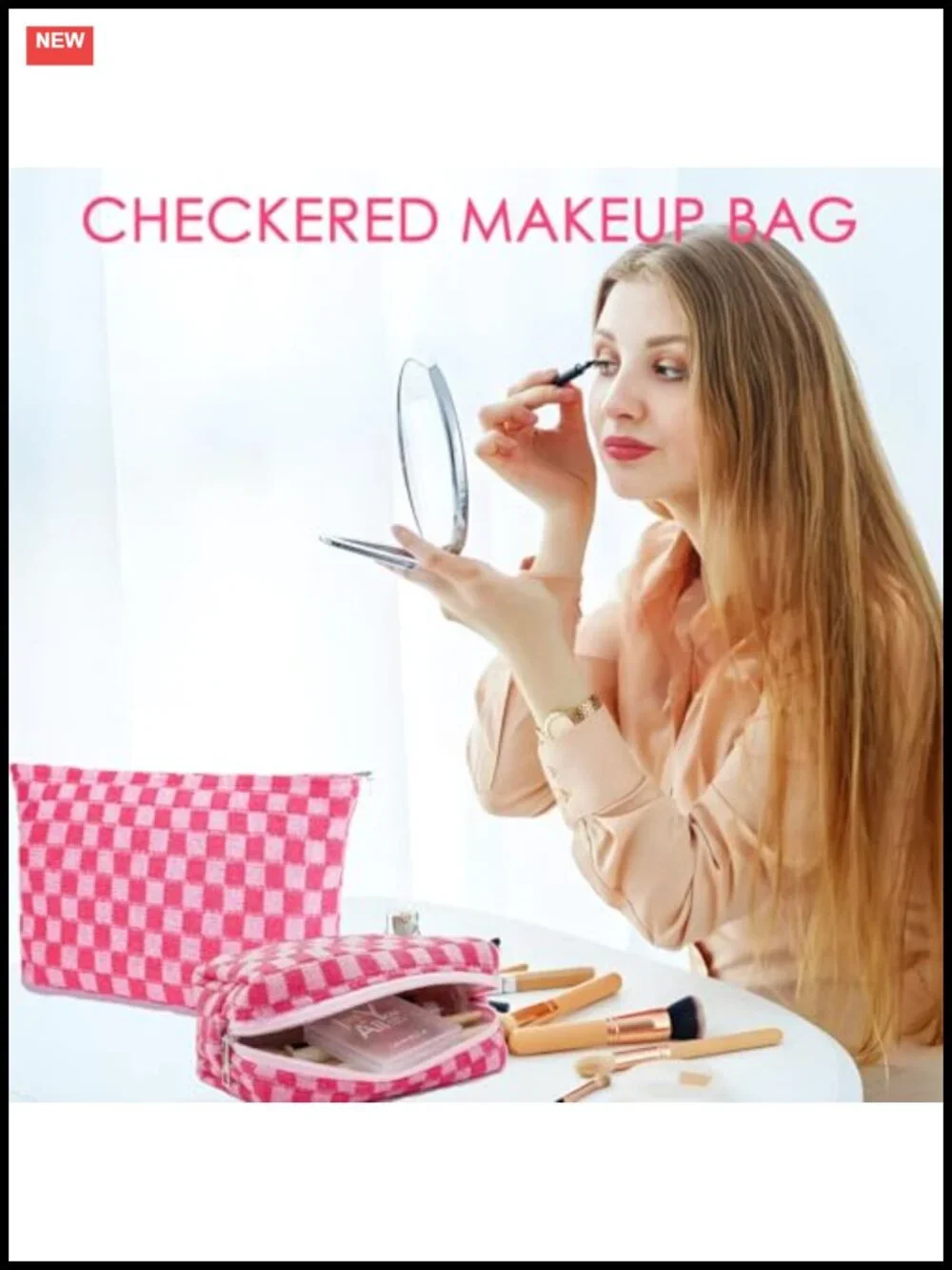 Travel Makeup Bag Set 2PCS Checkered Cosmetic Organizer Pouch Toiletry Case